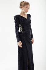 Women Cruve Collar Sequined Long Stone Evening Dress