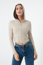 Female Front Zipper Knitted Crop Blouse