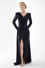 Women Cruve Collar Sequined Long Stone Evening Dress