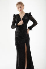Women Cruve Collar Sequined Long Evening Dress