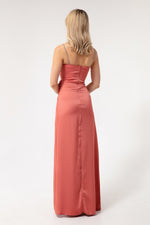 Female Stone Hanger Degage Collar Satin Evening Dress