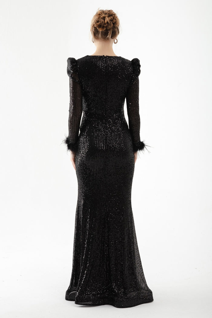 Women Cruve Collar Sequined Long Evening Dress