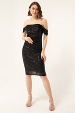 Female Kayık Collar Sequined Midi Evening Dresses