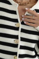 Female Striped Bike Collar Homeland Gold Button Detailed Knitwear Cardigan