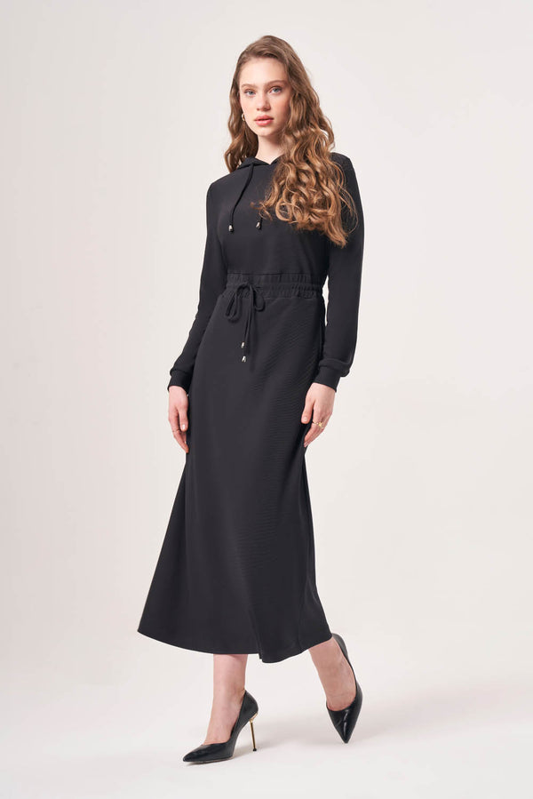 Ribbed Hooded Black Dress