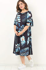 Young Plus Size Collar Adjusted Leaf Pattern Dress KL1742k Black