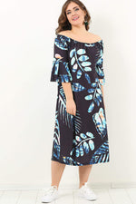 Young Plus Size Collar Adjusted Leaf Pattern Dress KL1742k Black
