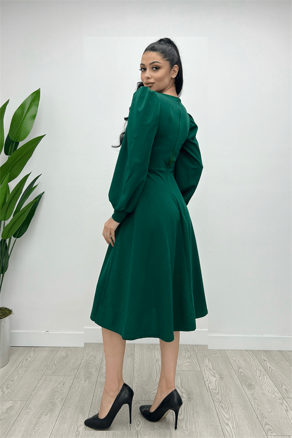 Imported Pancake Fabric Belt Detailed Midi Dress - Emerald Green