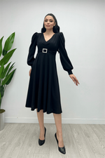 Imported Pancake Fabric Belt Detailed Midi Dress - Black