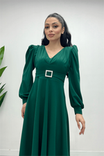 Imported Pancake Fabric Belt Detailed Midi Dress - Emerald Green