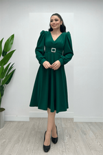 Imported Pancake Fabric Belt Detailed Midi Dress - Emerald Green