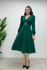 Imported Pancake Fabric Belt Detailed Midi Dress - Emerald Green