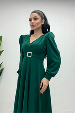 Imported Pancake Fabric Belt Detailed Midi Dress - Emerald Green