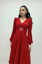 Imported Pancake Fabric Belt Detailed Midi Dress - Red