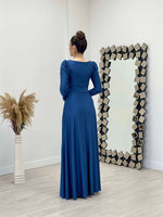 Import Crepe Satin Fabric Square Neck Collar Cultivated Dress - Indigo Blue