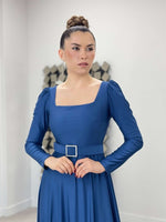 Import Crepe Satin Fabric Square Neck Collar Cultivated Dress - Indigo Blue