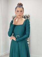 Import Crepe Satin Fabric Square Neck Collar Summary Dress - Emerald Green