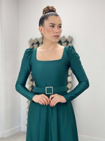 Import Crepe Satin Fabric Square Neck Collar Summary Dress - Emerald Green