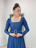 Import Crepe Satin Fabric Square Neck Collar Cultivated Dress - Indigo Blue