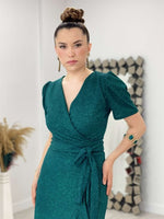 Imported Silvery Fabric Belt Detailed Midiboy Dress - Emerald Green