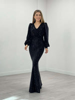 Striped Sequin Fabric Fish Dress - Black