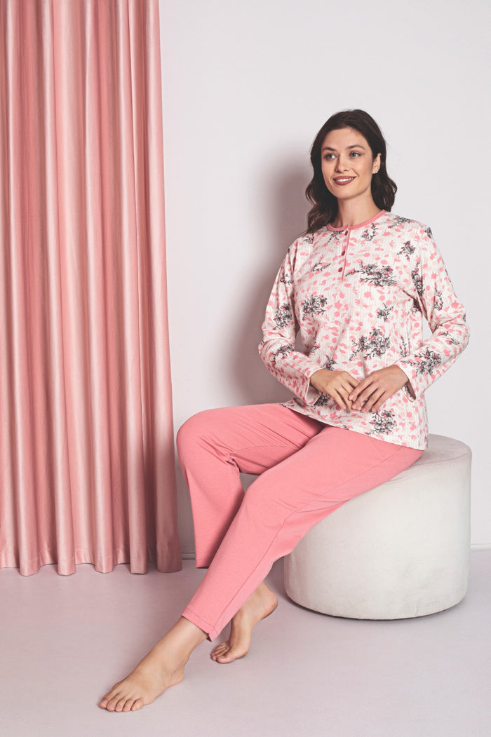 Women's Pajama Set Mother Interlok Three Button Top Flower Pattern Cotton Seasonal W30032258