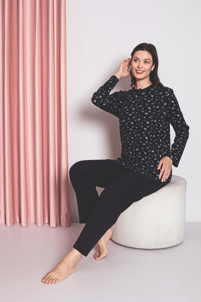 Women's Pajama Set Mother Interlok Three Button Top Crispy Pattern Cotton Seasonal W30022257