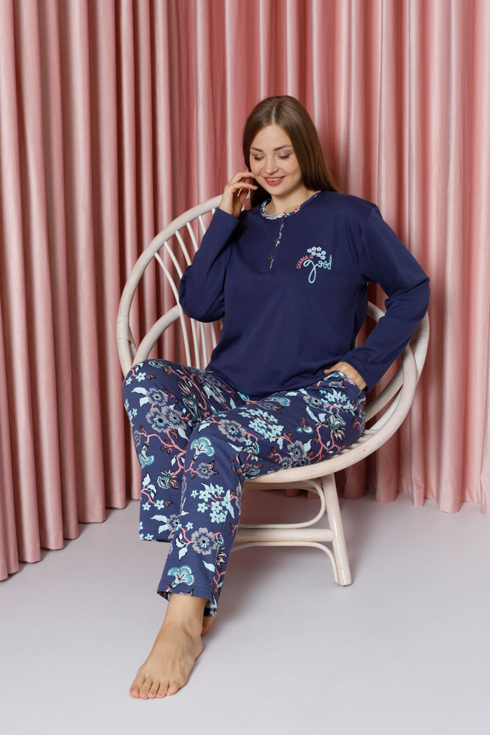 Women's Pajama Set Battal Shawl Patterned Cotton Seasonal W40022286