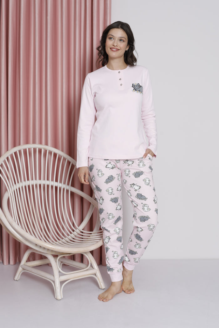 Women's Pajama Set Young Interlok Cat Patterned Paça Ribanli Cotton Seasonal W20492256