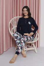 Women's Pajama Set Young Leaf Print Paça Ribanalı Cotton Seasonal W20482255