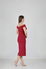 Kayık Collar Pen Dress - Burgundy