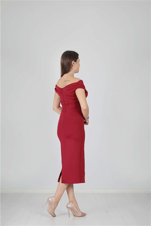 Kayık Collar Pen Dress - Burgundy