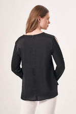Sleeve Detail Long Black Blouse