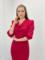 Crepe Fabric Degage Collar Pen Dress - Red