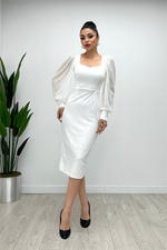 Crepe Fabric Square Collar Pen Dress - White