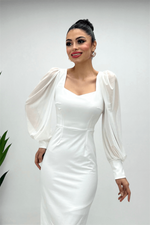 Crepe Fabric Square Collar Pen Dress - White