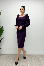 Crepe Fabric Square Collar Pen Dress - Eggplant Purple