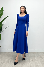 Crepe Fabric Square Collar Midi Dress - Saks Blue