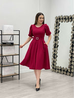 Crepe Fabric Belt Detailed Dress - Burgundy