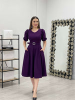 Crepe Fabric Belt Detailed Dress - Eggplant Purple