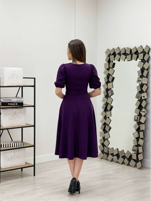 Crepe Fabric Belt Detailed Dress - Eggplant Purple