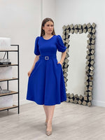 Crepe Fabric Belt Detailed Dress - Saks Blue