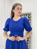 Crepe Fabric Belt Detailed Dress - Saks Blue