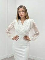 Crepe Fabric Arms Tulle Pen Dress - White