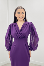 Crepe Fabric Arms Tulle Pen Dress - Eggplant Purple