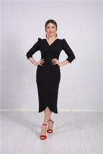 Crepe Fabric Midi Size Dress - Black