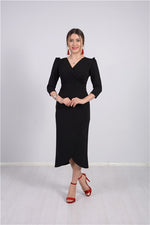 Crepe Fabric Midi Size Dress - Black