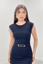 Crepe Fabric Shoulder Tassel Pen Evening Dress Dress - Black