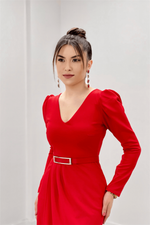 Crepe Fabric Pile Detailed Dress - Red