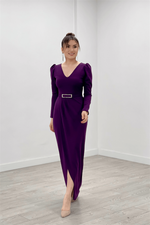 Crepe Fabric Pile Detailed Dress - Eggplant Purple